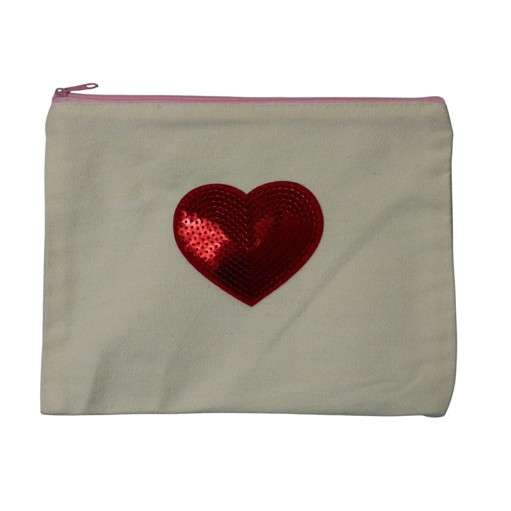 Red Sequin Pink‎ Zipper Canvas Pouch Handmade Makeup Bag